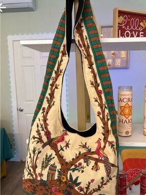 Cream Tree & Bird Tote with Green Strap